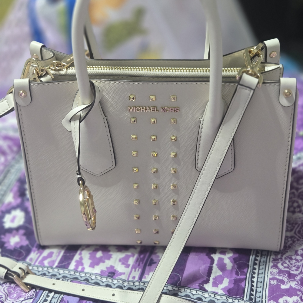 Michael Kors White Satchel with Gold Studs